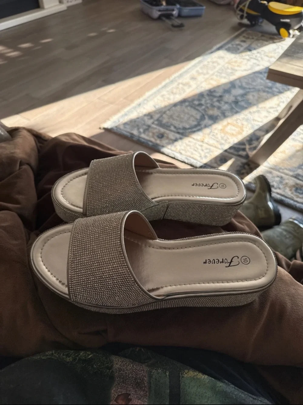 NWOB Forever Embellished Silver Platform Slide Sandals